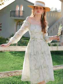 紮染圖案一字肩胸部褶皺連衣裙 - 綠色 - 查看 1