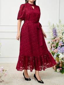 Modelyn Burgundy Red Plus Size Elegant Cutout Flower Puff Sleeve Dress - Burgundy - View 5