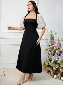 Modelyn 大码女式简约拼色泡泡袖连衣裙，优雅晚会礼服 - 彩色 - 查看 4