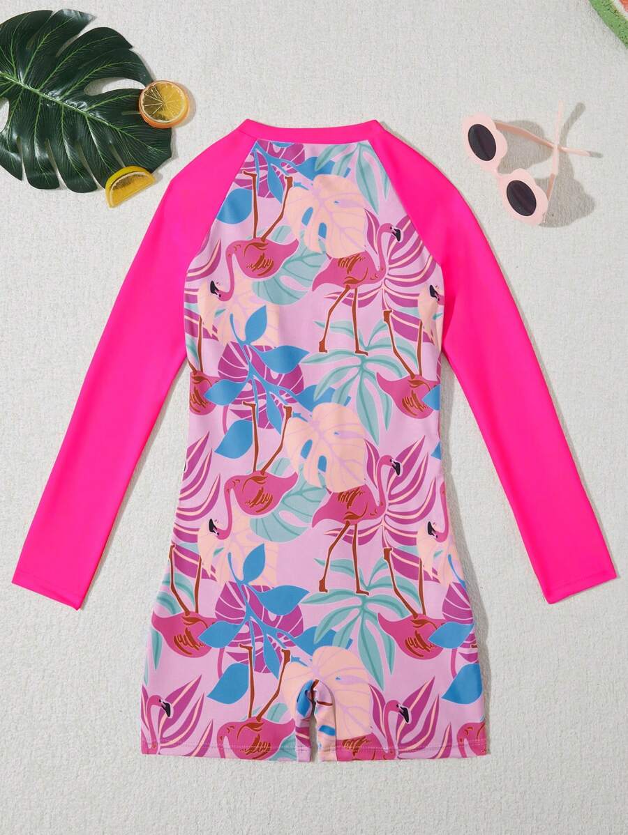 Tween Girl New Fashion Pink One-Piece Swimsuit With Multi-Color Prints Summer Holiday - Hot Pink - View 1