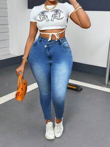 SHEIN SXY 女裝加大碼性感修身彈性牛仔褲，藍色斜口門襟設計 - 中等水洗藍 - 查看 4