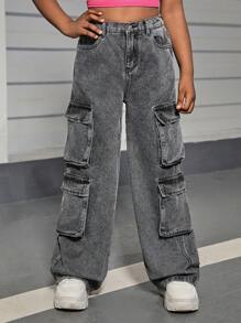 SHEIN Tween Girls Y2K Trendy Stonewashed Cintura Alta Perna Reta Cargo Jeans Com Bolsos De Aba Utilitários, Roupas De Calças De Verão Para Meninas