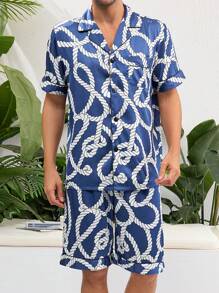 Men's Random Print Short Sleeve T-Shirt And Shorts Home Suit - Blue - View 4