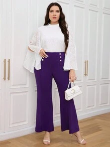 Modelyn Plus Size Women's Elegant Stand Collar High Slit Long Sleeve Top And Bell-Bottomed Pants Summer Two-Piece Set