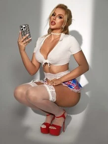 Bộ Đồ Lót Nữ (Áo Lót Không Dây, Váy, Quần Đùi, 1 Đôi Tất), 5 Cái - Nhiều màu - Xem 5