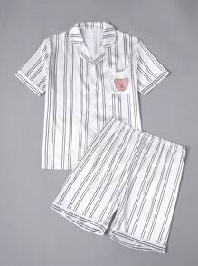 SHEIN Conjunto de ropa casual para hombre compuesto por shorts de manga corta y cardigan en dos piezas para estar en casa