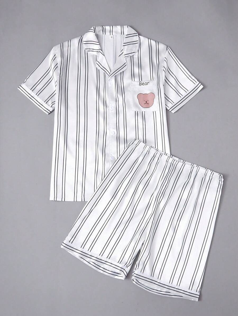 SHEIN Conjunto de ropa casual para hombre compuesto por shorts de manga corta y cardigan en dos piezas para estar en casa