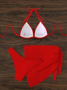 SHEIN Swim Conjunto de bikini con falda de 3 piezas de traje de baño con escote halter y color solido sexy para mujer, ideal para verano y playa