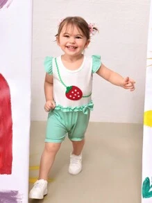 SHEIN Baby Girl Strawberry Embroidered Cap Sleeve Jumpsuit With Ruffled Sleeves, 2024 New Summer Collection, Cute And Comfortable Casual Wear - Mint Green - View 3