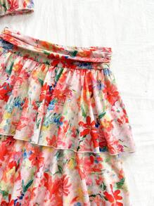 Soleia 女裝假期夏季油畫風格派對午餐婚禮季節畢業季節返校季復活節夏季服裝，可愛休閒印花花朵甜美浪漫橙紅色花卉雪紡層疊荷葉邊鬆緊腰二件套裝 - 彩色 - 查看 15