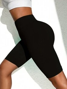 Easithlete Shorts de sport stretch sans couture et à taille haute pour femme avec contrôle du ventre - Noir - Voir 4