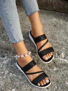 Dép nữ dệt phẳng ngoài trời thông thường Dép nhẹ mùa hè chống trượt thoải mái - màu đen - Xem 1