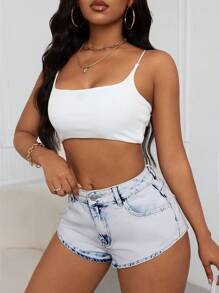 SHEIN SXY Summer Sexy Washed Denim Ultra-Short Shorts - Light Wash - View 3