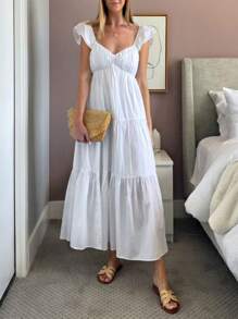 SHEIN Privé Vestido Longo de Decote em V de Manga Curta Branco para Mulheres, Vestidos Brancos, Vestido Longo Fluido, Vestido de Decote em V, Vestidos de Verão, Para Festas de Casamento de Verão, Festivais de Música, Temporada de Formatura, Férias, Formatura, Transporte, Encontros Românticos, Dia do Professor, Elegante - Branco - Visão 6