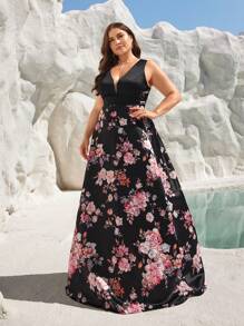 SHEIN Belle Plus Size Black Floral Deep V-Neck Big Swing Elegant Evening Dress With Side Slit, Perfect For Holiday Or Formal Occasions Prom Wedding Guest Gown, For Graduation, Dinner Party Dress - Multicolor - View 5