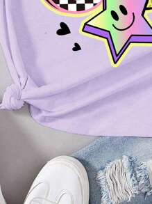 SHEIN Leap Crew 少女夏季休閒簡約卡通微笑臉&五角星圖案搞笑T恤，淺紫色
