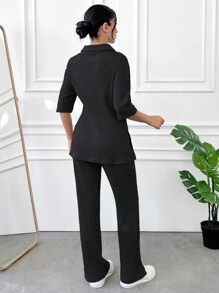 Cottnline Cotton Women's Spring/Summer Casual Solid Color Ribbed Knit 2-Piece Set - Black - View 2
