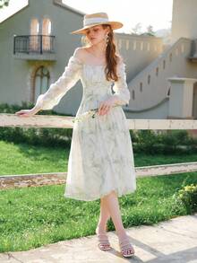 紮染圖案一字肩胸部褶皺連衣裙 - 綠色 - 查看 7