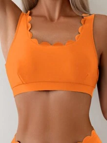 Women's Solid Color Scallop Trim Sexy Bikini Set Bathing Suit Bikini Set For Summer Beach - Burnt Orange - View 6