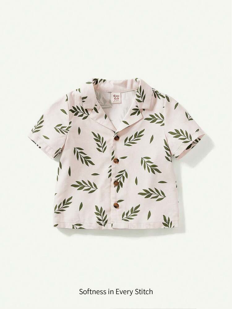 Baby Boy's Casual And Versatile Turn-Down Collar Short Sleeve Cardigan With Plant Pattern Print
