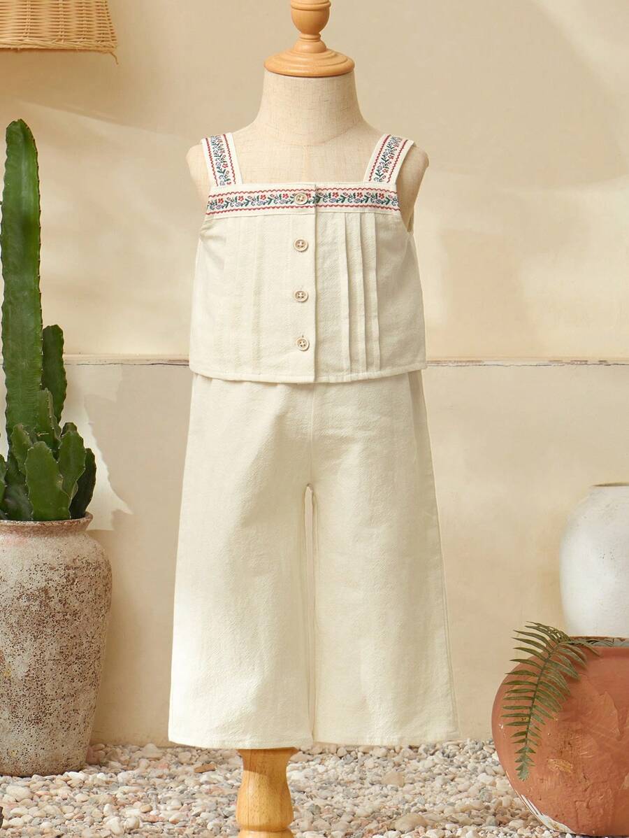 Baby Girl Tank Top Cami Top And Flouncing Solid Color Pants 2pcs/Set, Summer Holiday Outfit - Apricot - View 1