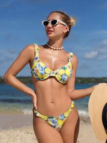 Swim Vcay Set de bikini sexy cu imprimeu floral de lamaie pentru plaja de vara