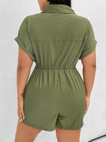 Flirla Plus Size Women's Simple Solid Color Daily Casual Wrinkle Texture Jumpsuit - Army Green - View 2
