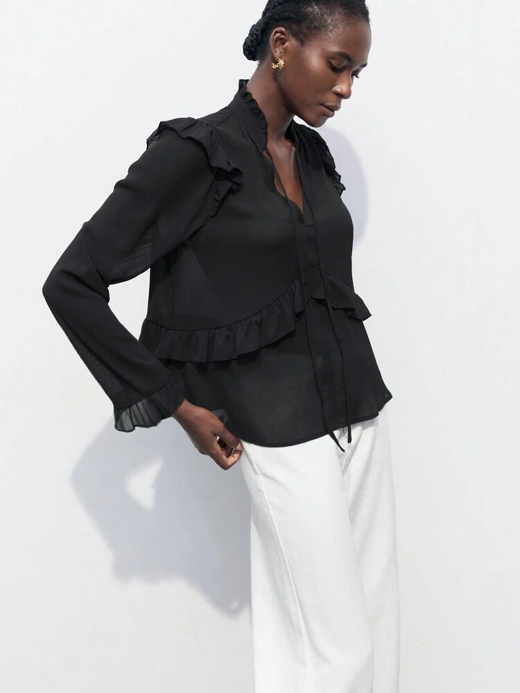 SHEIN Maija Women's Elegant Solid Color Ruffle Hem Long Sleeve Shirt, Autumn St Patrick's Day Women Easter Summer Easter Women Party Top Beach Summer Holiday Beach Vacation Going Out Graduation Casual Blouses For Women