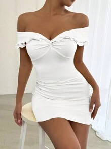 Calvaya Vestido sexy sin mangas con cuello en V, ajuste de estilo ajustado, ajuste de cintura y dobladillo con volante