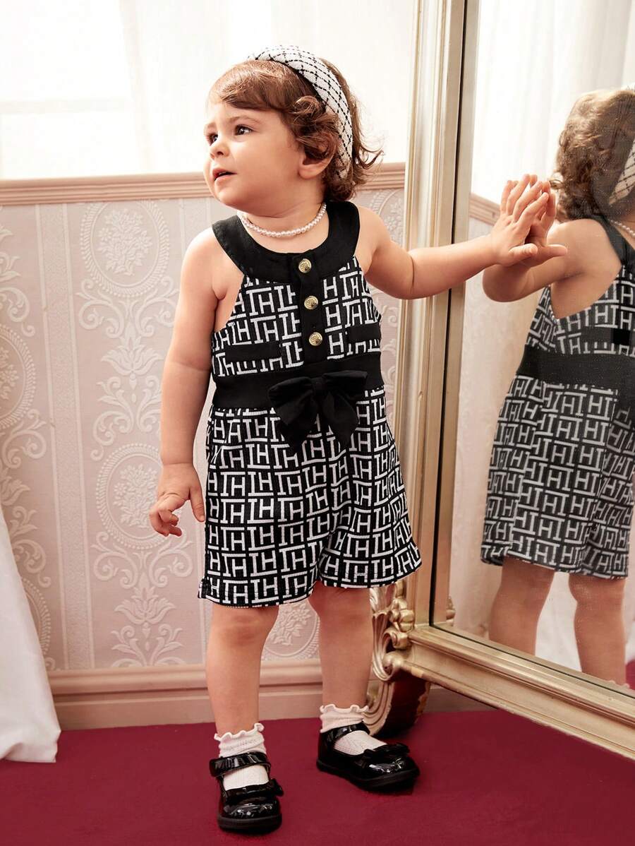 Baby Girl Sleeveless Halter Neck Romper, 2024 Summer New Arrival, Elegant, Fashionable, And Comfortable - Black and White - View 1