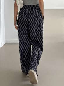 FRIFUL Women's Checkerboard Printed Simple Daily Long Pants Plaid - Dark Grey - View 5