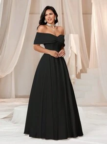 SHEIN Belle 優雅浪漫的雪紡露肩禮服婚紗 - 黑色 - 查看 6