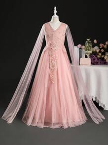 SHEIN Tween Girl Wedding Season Lace Contrast Mesh Applique V-Neck Long Sleeve Formal Dress For Weddings, Flower Girls, Banquets, Birthdays, Parties