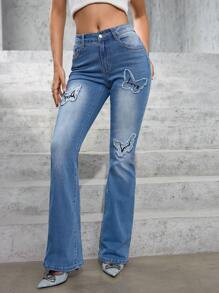 SHEIN EZwear Women's Butterfly Patch Pockets Everyday Casual Flared Jeans