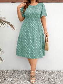 SHEIN Clasi Plus Size Polka Dot Printed Round Neckline A-Line Summer Short Sleeve Dress Maxi Women Outfit - Mint Green - View 3