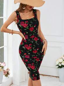 SHEIN VCAY Women's Elegant Holiday Knitted Sexy Red Rose Printed Pattern Classic Sleeveless Summer Dress Style Dress For Women Wedding Dresses Bodycon Long Vintage Dress,Dress To Impress,Vacation Outfits For Women