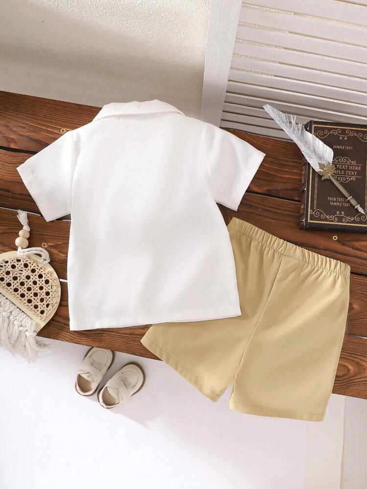 Boys' Fashionable 2pcs Outfit Set, Cute Printed Short Sleeve Top, Summer