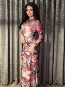 Modelyn Ladies' Floral Print Round Neck Long Sleeve Spring/Summer Dress Long Evening Dresses - Multicolor - View 2