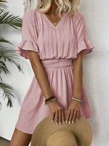 Chiquease 女士V領荷葉邊腰帶休閒夏裝連衣裙 - 粉色 - 查看 3