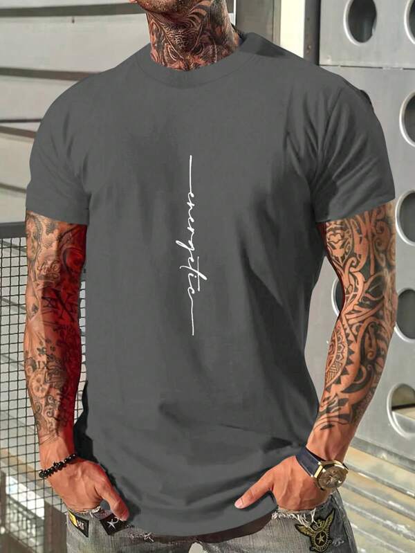 RueChic Men's Summer Letter Printed Round Neck Short Sleeve Casual T-Shirt