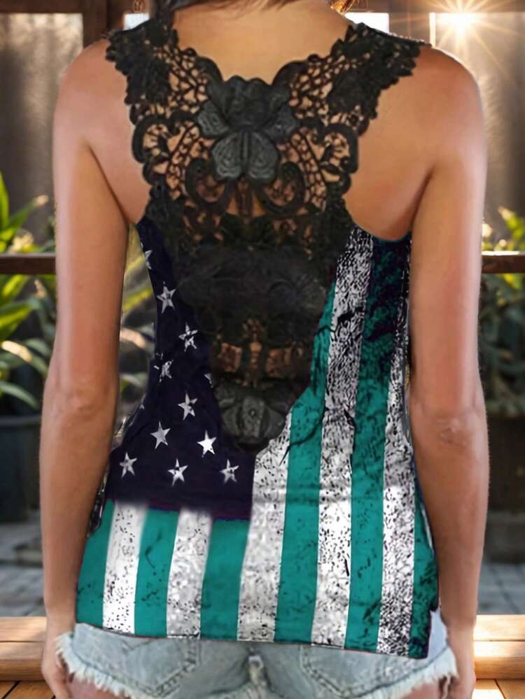 Women's Fashion American Flag Lace Strap Tank Top