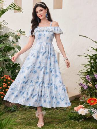 Women's Floral Print Off Shoulder Long Elegant Dress With Ruffle Trim For Vacation
