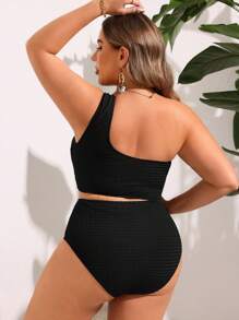 Swim Vcay Plus Size Women's Solid Color Cut-Out One-Shoulder Sexy Monokini Swimsuit For Vacations Summer - Black - View 2