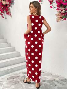 SHEIN Essnce Women's Summer Sleeveless Dot Print Dress Long Crew Neck Maxi With Big Pockets Casual Dress,Polka Dot Dress - Red - View 2