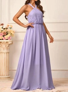 SHEIN Belle Vestido de dama de honor de línea A holgado y sin espalda, elegante y romántico con parches de encaje y chifón de color lila claro con cierre de gancho y ojo al cuello estilo halter - Púrpura malva - Ver 6