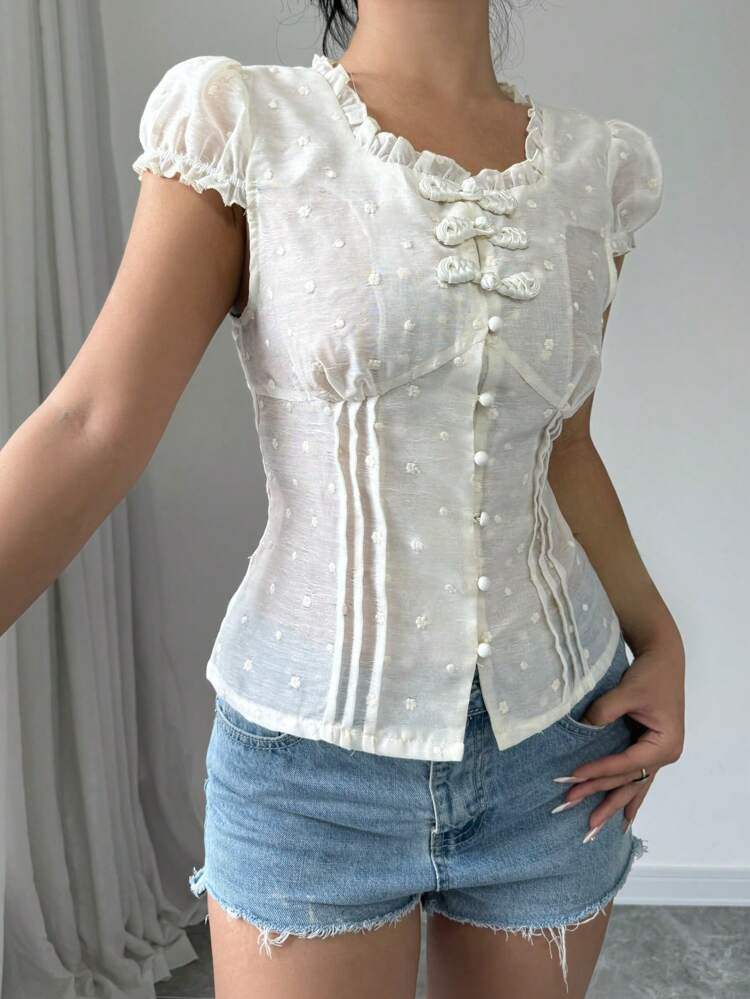 Summer Casual Solid Color Puff Sleeve Shirt With Ruffle And Embroidery Decoration