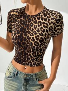 SHEIN EZwear Tricou de vară cu mânecă scurtă, cu decolteu rotund, slim fit, cu volane cu imprimeu leopard