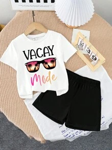 少女圓領眼鏡印花短袖T恤和短褲套裝，夏季 - 黑色 - 查看 1