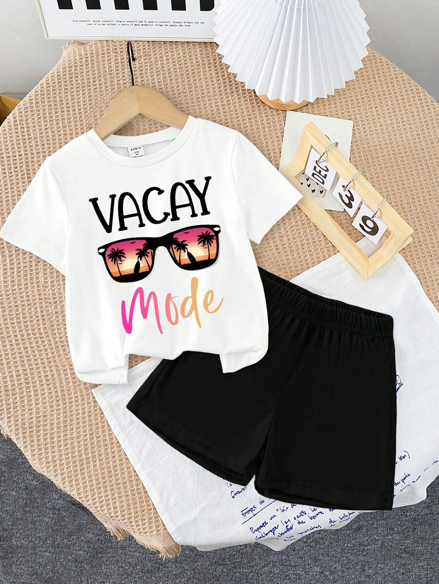 少女圓領眼鏡印花短袖T恤和短褲套裝，夏季 - 黑色 - 查看 1