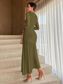 Aloruh 女士夏季长袖荷叶边褶饰优雅派对连衣裙 - 軍綠色 - 查看 2